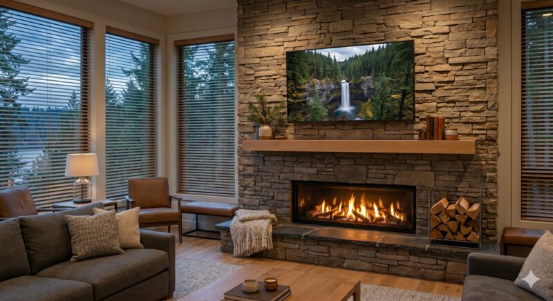 TV mounted above fireplace in Seattle home
