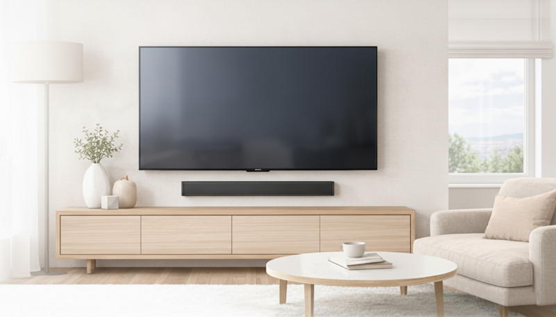 Modern living room with wall-mounted TV and decor